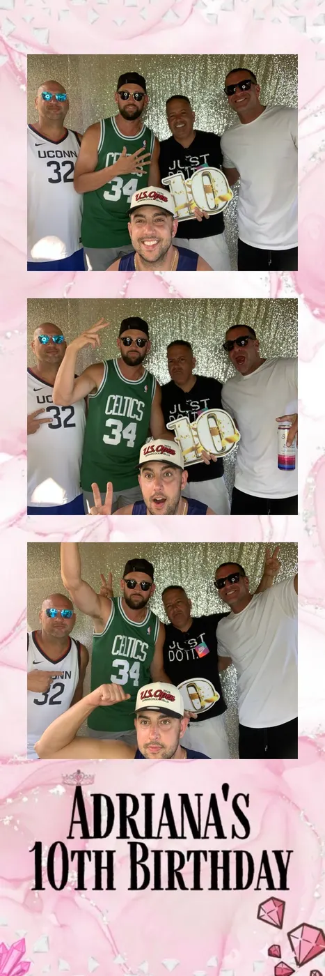 Photo booth print strip from Adriana’s 10th birthday party with a gold sequin backdrop