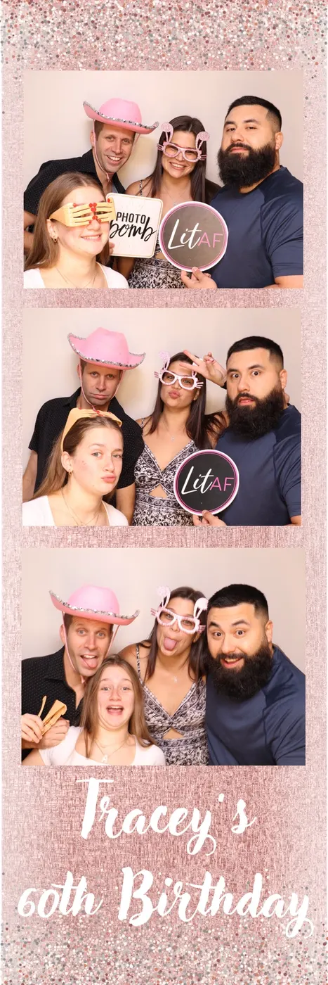 Photo booth print strip from Tracey’s 60th birthday party with guests in pink hats