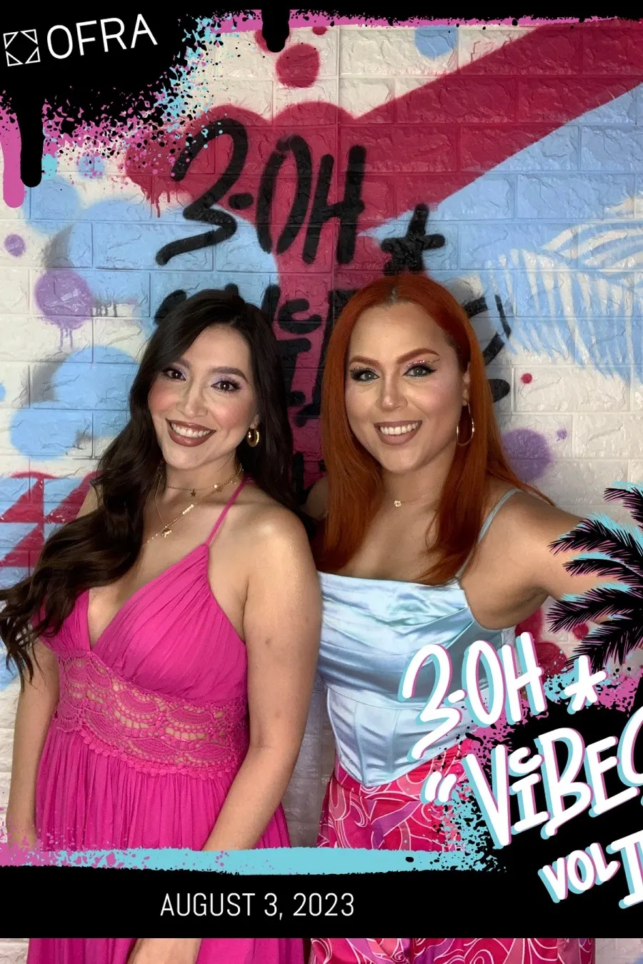 Two friends in a colorful photo booth print with a custom graffiti-style template