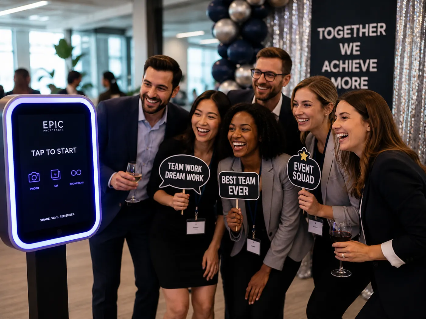 Coworkers holding team-building props at a digital photo booth during a Chicago office event
