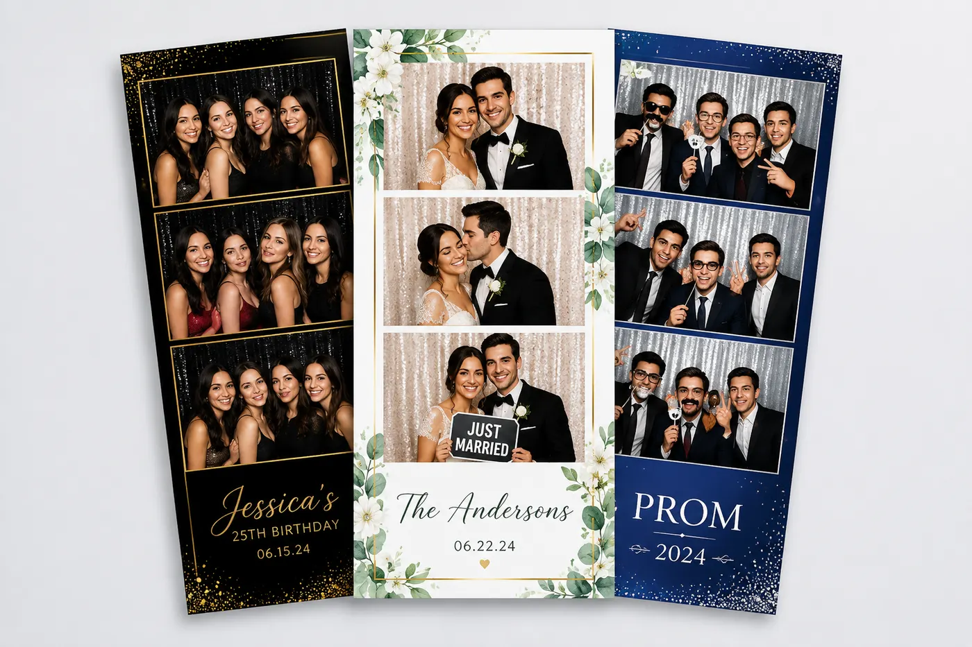 Custom photo booth print strips for a birthday, a wedding and a prom