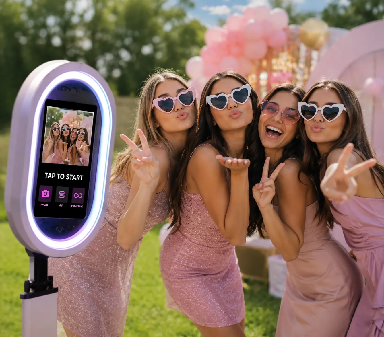 Friends in heart-shaped sunglasses posing at a digital photo booth at an outdoor party