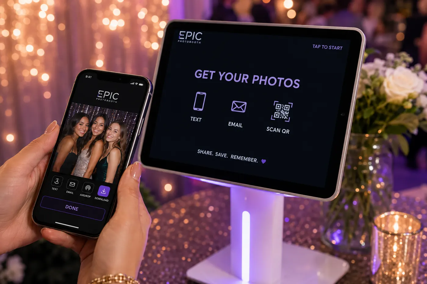 Guest receiving photo booth pictures on a phone by text, email and QR code