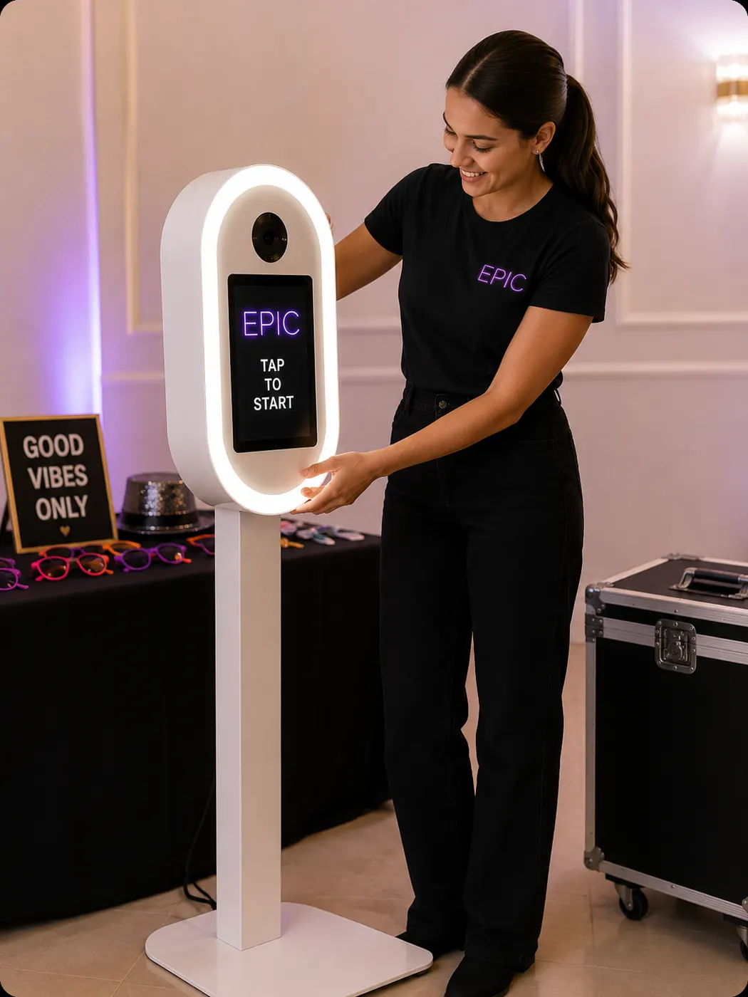 Epic Photobooth attendant setting up a digital photo booth before an event