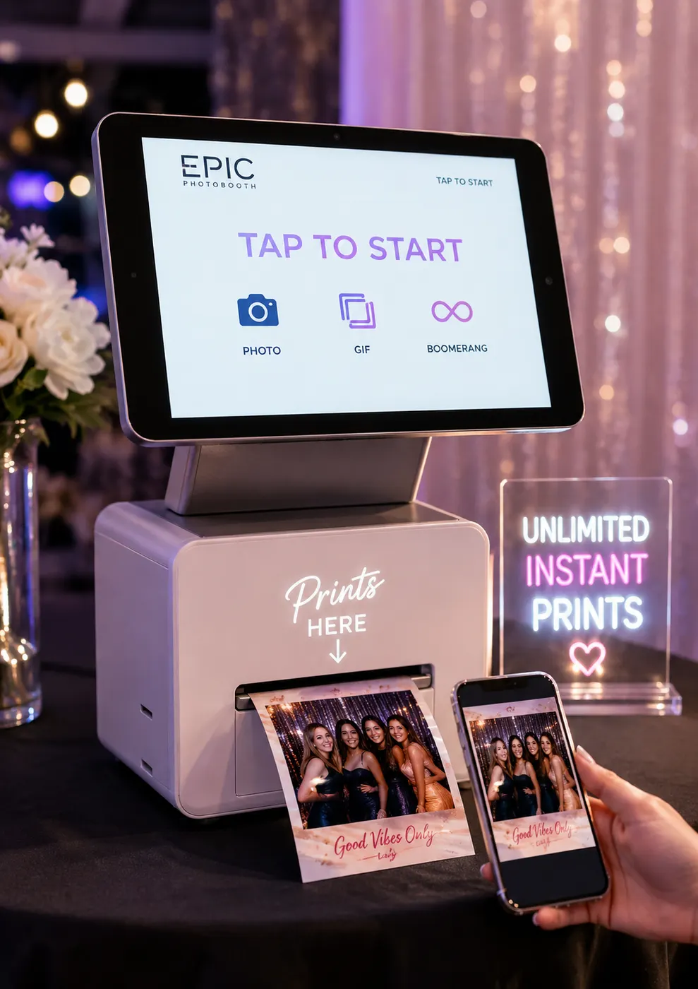 Print photo booth with a touchscreen and unlimited instant prints sign
