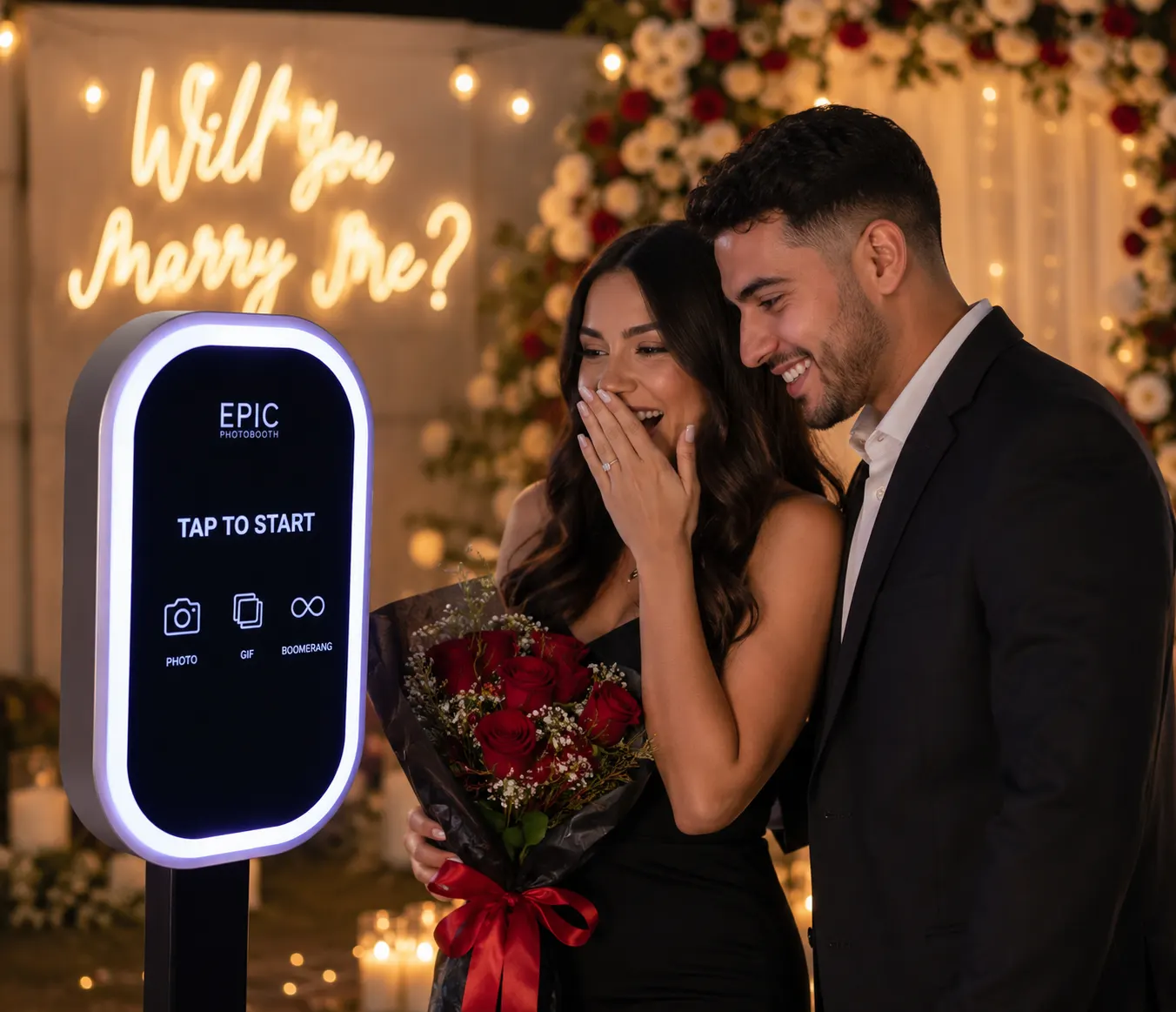 Couple at a digital photo booth after a proposal under a “Will you marry me” neon sign