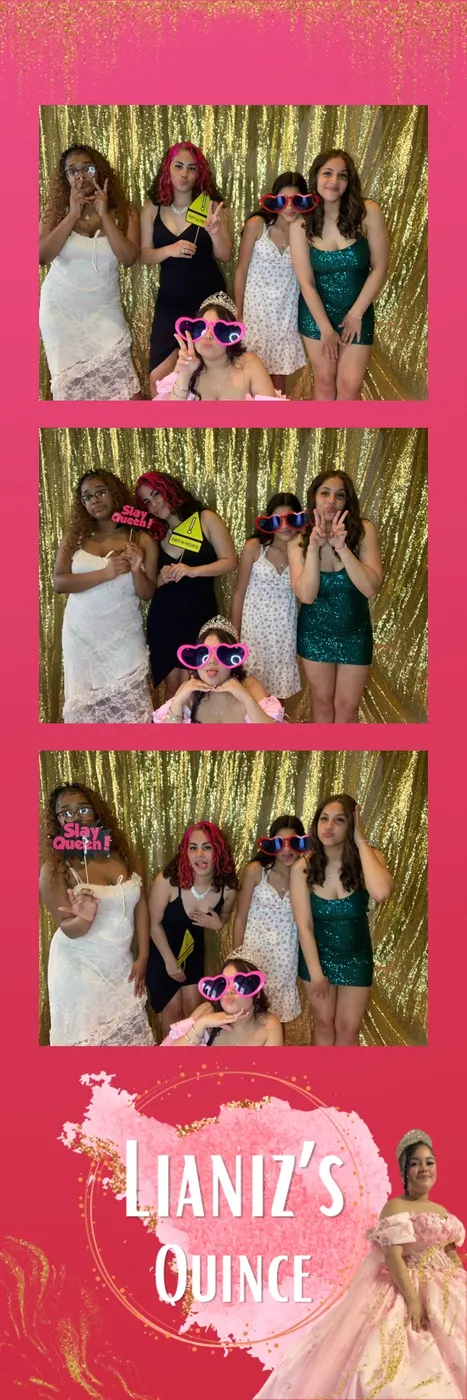 Pink photo booth print strip from Lianiz’s quince with the quinceañera in a tiara