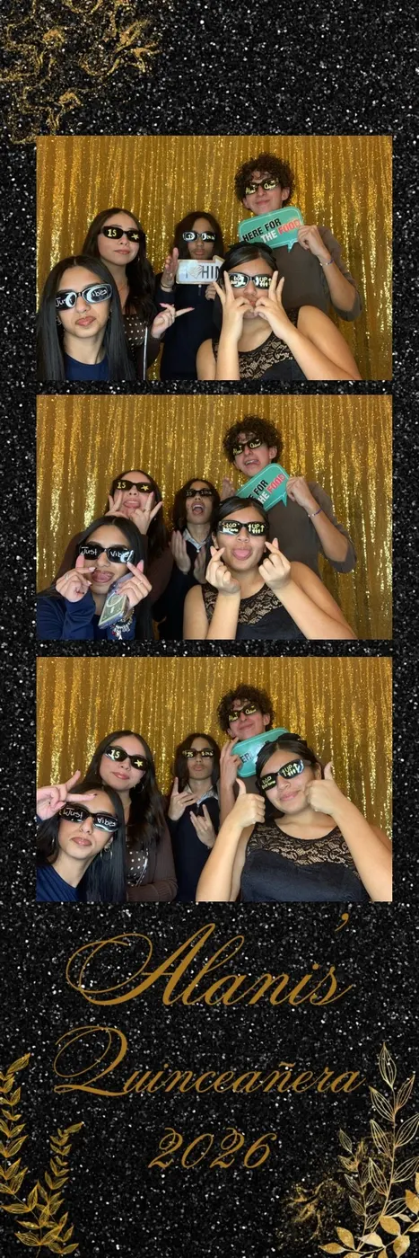 Photo booth print strip from Alanis’ quinceañera with a black glitter and gold custom template