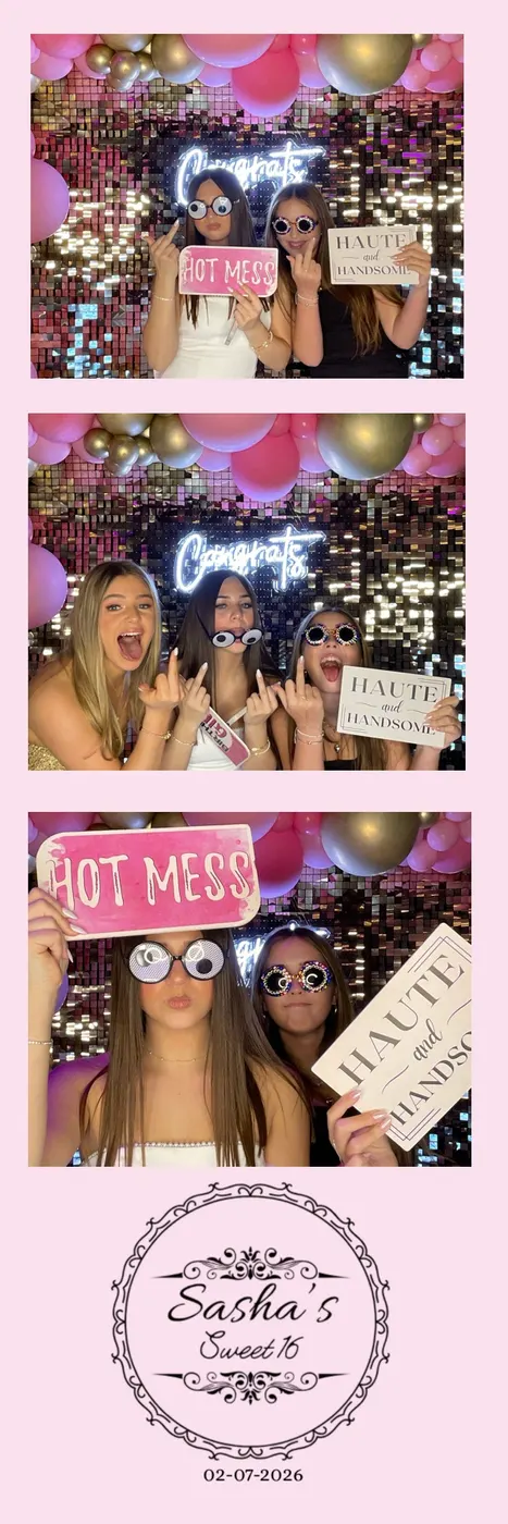 Pink photo booth print strip from Sasha’s Sweet 16 with a sequin wall, balloons and props