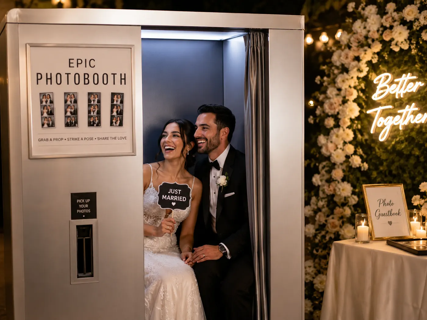 Bride and groom laughing inside an enclosed wedding photo booth with a “Just married” sign