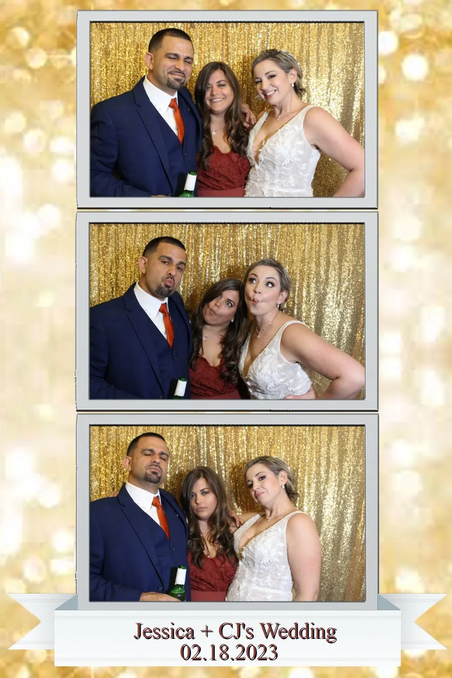 Bride, groom and guest in photo booth prints on a gold sequin backdrop with a custom wedding template